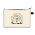 Canvas teacher makeup bag with rainbow apple design and Teacherlife inspirational quote - Rainbow Heart Apple Print (01)