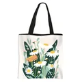 White floral tote bag with daisy pattern, black handles and large capacity storage - Daisy