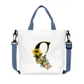 Borsa tote in tela bianca con lettera C a fiori e tracolla regolabile e rimovibile - Lettera C(C03)