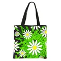 Floral print tote bag with daisy pattern and black handles on green graphic background - Black Daisy Green Geometric Line Print
