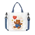 Borsa a tracolla in tela bianca con orsetto carino e spalline blu regolabili - Stile Orso in Salopette su Nuvola con Palloncino (21)