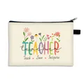 Floral canvas teacher makeup bag with Teach Love Inspire slogan for holiday gifting - Colorful Teacher Floral Print (06)