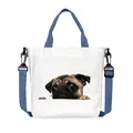 White canvas tote bag with pug dog print, blue straps, and adjustable shoulder belt - Little Old Man Pug
