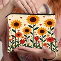 Sunflower pattern makeup bag with large capacity and zipper, held by a model - Warm Yellow Floral Storage Bag (08)
