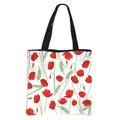 Large floral tote bag with red poppy print and black straps in minimalist style - White Background Red Poppy Print
