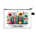 White canvas makeup bag with colorful books and flowers, featuring TEACHING print - Books and Sunflower Print (10)