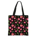 Floral polyester tote bag with pink tulip print on black canvas for daily shopping - Pink Tulip