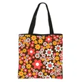 Vintage floral tote bag with dense red and yellow flowers on dark brown canvas - Dark Brown Retro Dense Floral Print