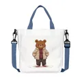 Borsa tote in tela bianca con stampa orso e tracolla blu regolabile e rimovibile - Stile Orso Have a Nice Day (14)