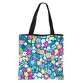 Floral print tote bag in dark blue with colorful small flowers and black webbed handles - Dark Blue Background Colorful Floral Print