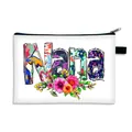 White canvas cosmetic bag featuring floral Nana lettering and gold metal zipper detail - Nana Floral Style