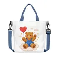 Borsa quadrata in tela bianca con stampa orsetto carino e tracolla blu regolabile - Stile Orso in Salopette con Nuvola e Stella (18)