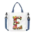 White canvas tote bag with floral letter E print and blue detachable shoulder strap - Flower Letter E Style(05)