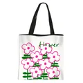 Floral polyester tote bag with pink hand-painted flowers and black shoulder straps - Fairy Tales