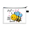Borsa per trucco in tela con ape e slogan Just a Girl WHO LOVES bees con cerniera nera - Bianco (03)