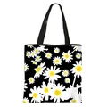 Large capacity black tote bag with white daisy floral print and shoulder straps - Black Background White Daisy Print