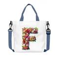 White canvas tote bag with floral letter F print and detachable blue shoulder strap - Flower Letter F Style(06)