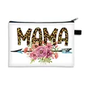 White MAMA makeup bag with leopard print letters and floral design with zipper - MAMA Leopard Floral Style