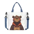 Borsa tote in tela beige con simpatica stampa di orso e tracolle blu per uso quotidiano - Stile Orso in Grembiule Smile (01)