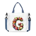Canvas tote bag with floral letter G, navy straps and adjustable crossbody belt - Flower Letter G Style(07)
