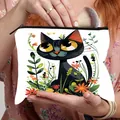 White cosmetic bag with cute black cat and floral print featuring a black zipper - Spring Sunshine