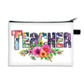 Witte canvas etui met kleurrijke bloemen Teacher-print en zwarte ritssluiting - TEACHER Dag van de Leraar Bloemenstijl