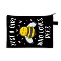 Black canvas makeup bag featuring a cartoon bee and Just A Girl Who Loves Bees text - Black (05)