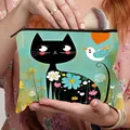 Foldable cat print cosmetic bag in light mint green with zipper and floral details - Spring Sunshine