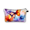 Borsa per cosmetici con stampa a farfalla e fiori, cerniera nera e manico laterale - Stile Floreale Blu Farfalla Acquerello Arancione Viola (02)