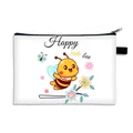 White canvas cute bee makeup bag with black zipper handle and colorful honey bee prints - White (06)