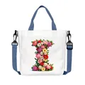 White canvas tote bag with floral letter I design and blue detachable shoulder strap - Flower Letter I Style(09)