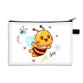 White canvas cosmetic bag with a cute bee print and a black zipper for travel - White (07)