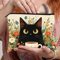 Trousse de maquillage pliable en toile avec motif chat noir et fleurs élégant - Couleurs d'Été