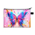 Pochette piatta per cosmetici con vivace stampa farfalla 3D e chiusura a zip nera - Farfalla Colorata Blu Rosa (01)