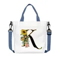 Borsa tote in tela con stampa girasole lettera K e tracolla regolabile - Lettera K(K11)