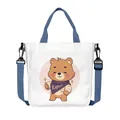 Borsa tote in tela bianca con orsetto e tracolla blu regolabile e rimovibile - Stile Orso in Sciarpa Viola Rance (05)