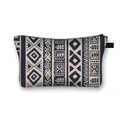Ethnic tribal print makeup bag with beige fabric, navy patterns, and black zipper - Beige Dark Blue Ethnic Tribal Print (02)