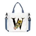 Borsa tote in tela bianca con lettera W floreale, manici blu e tracolla regolabile rimovibile - Lettera W(W23)