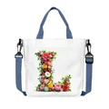 White canvas tote bag with floral letter L print and adjustable blue shoulder strap - Flower Letter L Style(12)