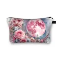 Borsa da trucco con stampa luna rosa e fiori, cerniera nera e manico laterale robusto - Stile di Illustrazione d'Arte dei Fiori della Luna Rosa (08)