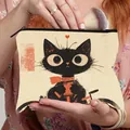 Trousse à maquillage pliable en toile avec imprimé chat noir et fermeture éclair - Long Cœur d'Amour