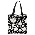 Floral print tote bag in black and white with daisy pattern and sturdy canvas handles - White Daisy Repeat Pattern (29)