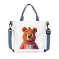 Borsa a tracolla in tela bianca con stampa orso 3D e spalline blu regolabili - Stile Orso in Felpa Rosa e Grembiule Grigio (03)