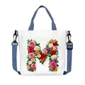 White canvas tote with floral letter M print and adjustable blue shoulder strap - Flower Letter M Style(13)