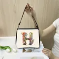 Black and white alphabet H floral print tote bag with adjustable shoulder strap - H08 (Letter H)
