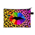 Foldable leopard print cosmetic bag with rainbow lip pattern and silver zipper - Rainbow Leopard Lip (01)