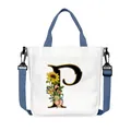 Borsa tote in tela bianca con lettera P floreale e tracolla blu regolabile e rimovibile - Lettera P(P16)