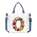 White canvas tote bag with floral letter O design and adjustable blue shoulder strap - Flower Letter O Style(15)