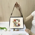 Chic cream polyester tote bag featuring large floral alphabet B print and black strap - B02 (Letter B)