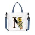 Borsa tote bianca con stampa floreale lettera N e tracolla blu regolabile - Lettera N(N14)